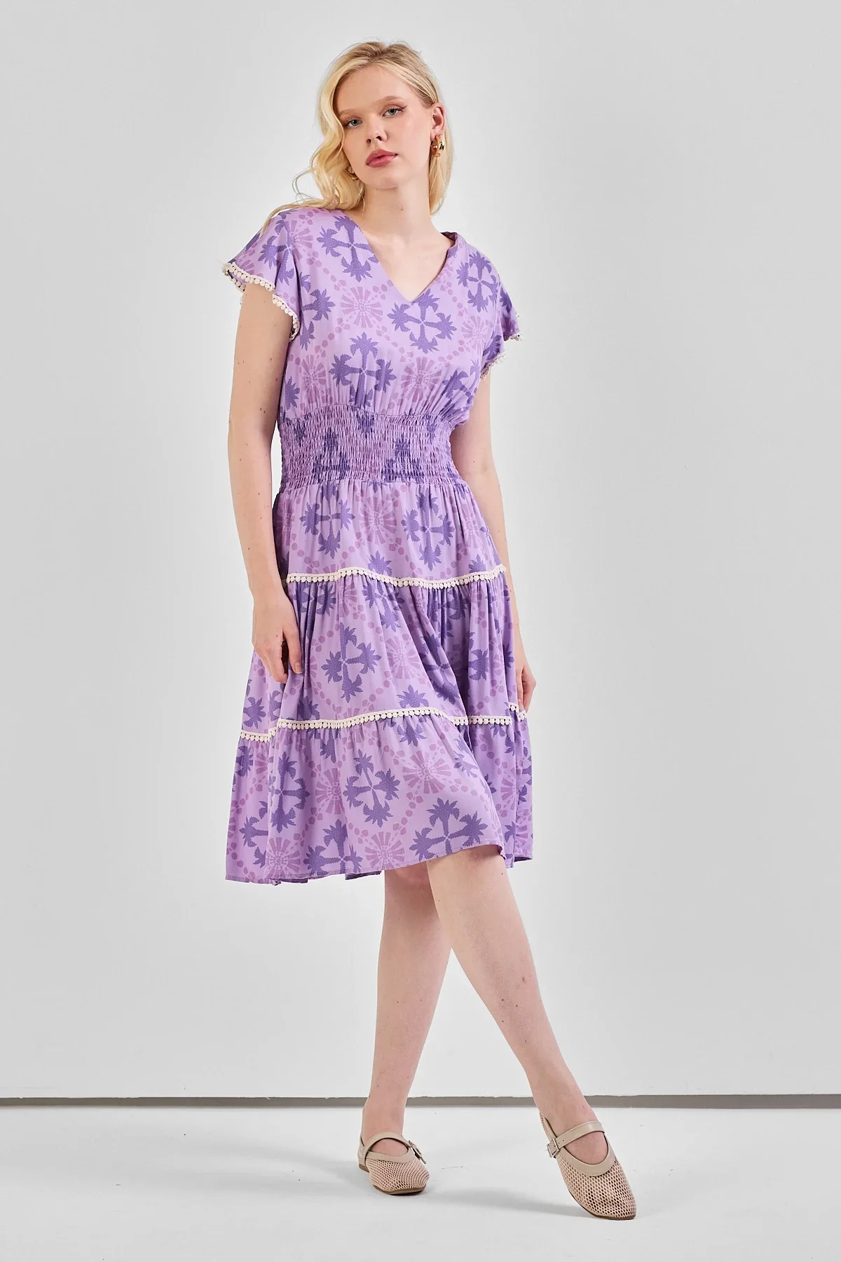 Kadın V Yaka Güpür Detaylı Gipeli Mini Elbise Lila