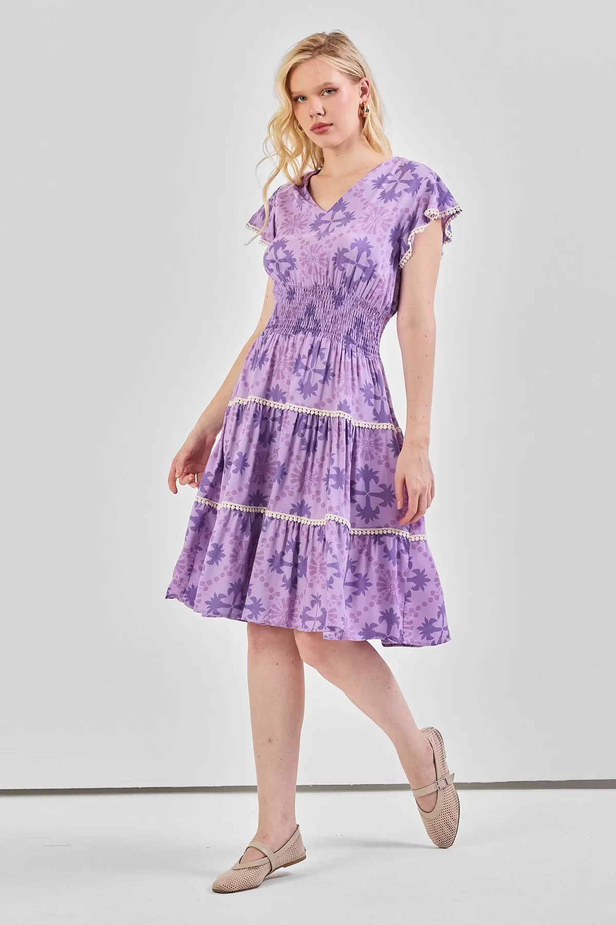 Kadın V Yaka Güpür Detaylı Gipeli Mini Elbise Lila