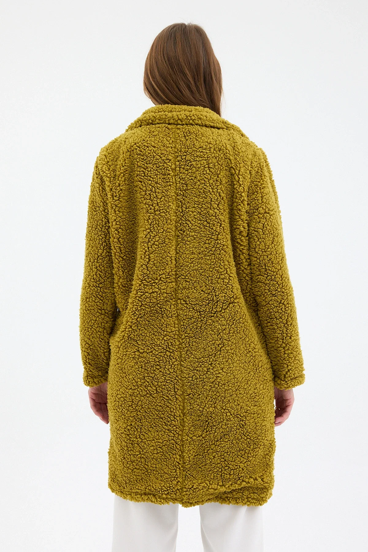 Kadın Yağ Yeşili Tek Düğmeli Çift Cepli Astarlı Buklet Kaban