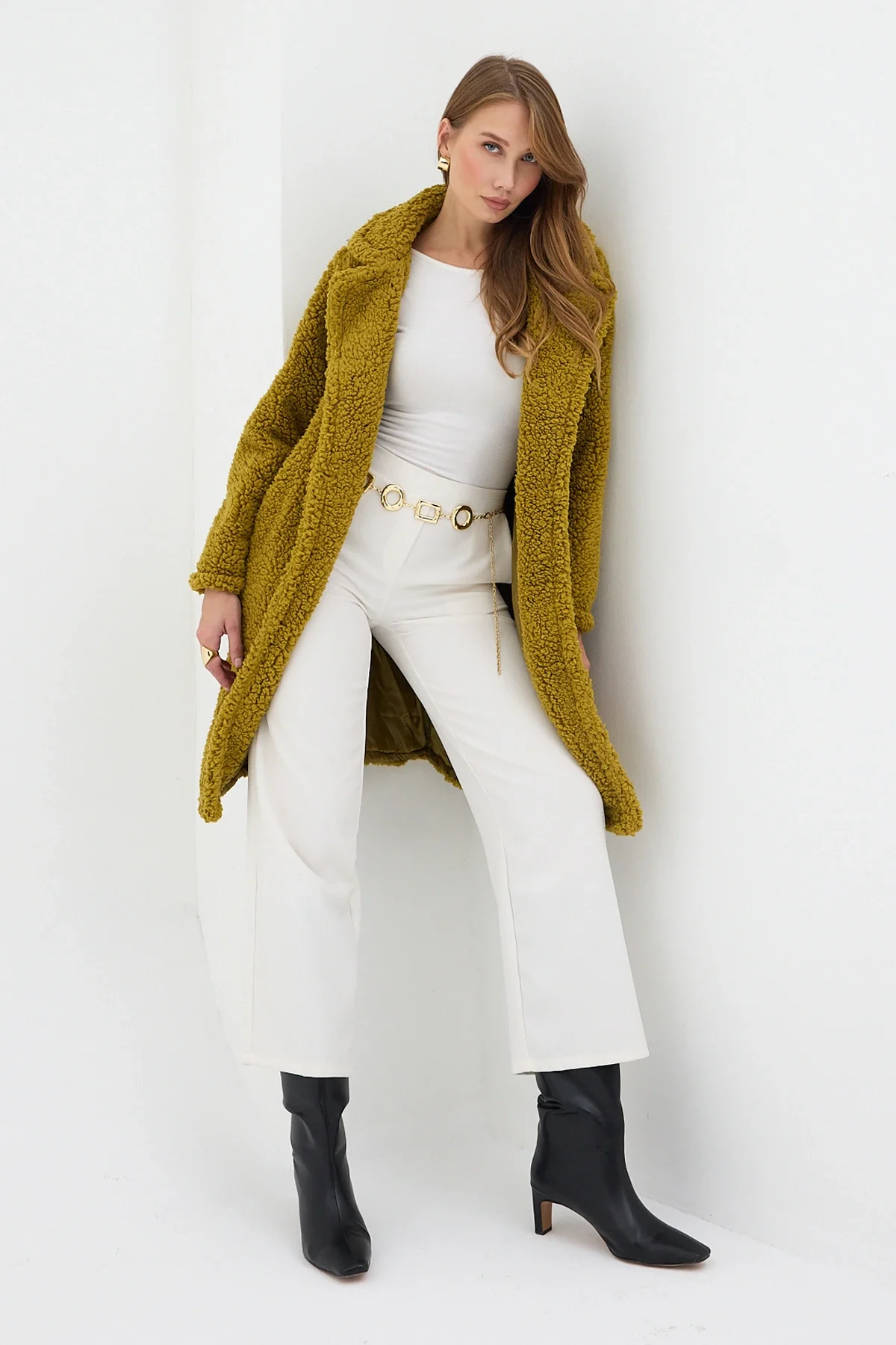 Kadın Yağ Yeşili Tek Düğmeli Çift Cepli Astarlı Buklet Kaban