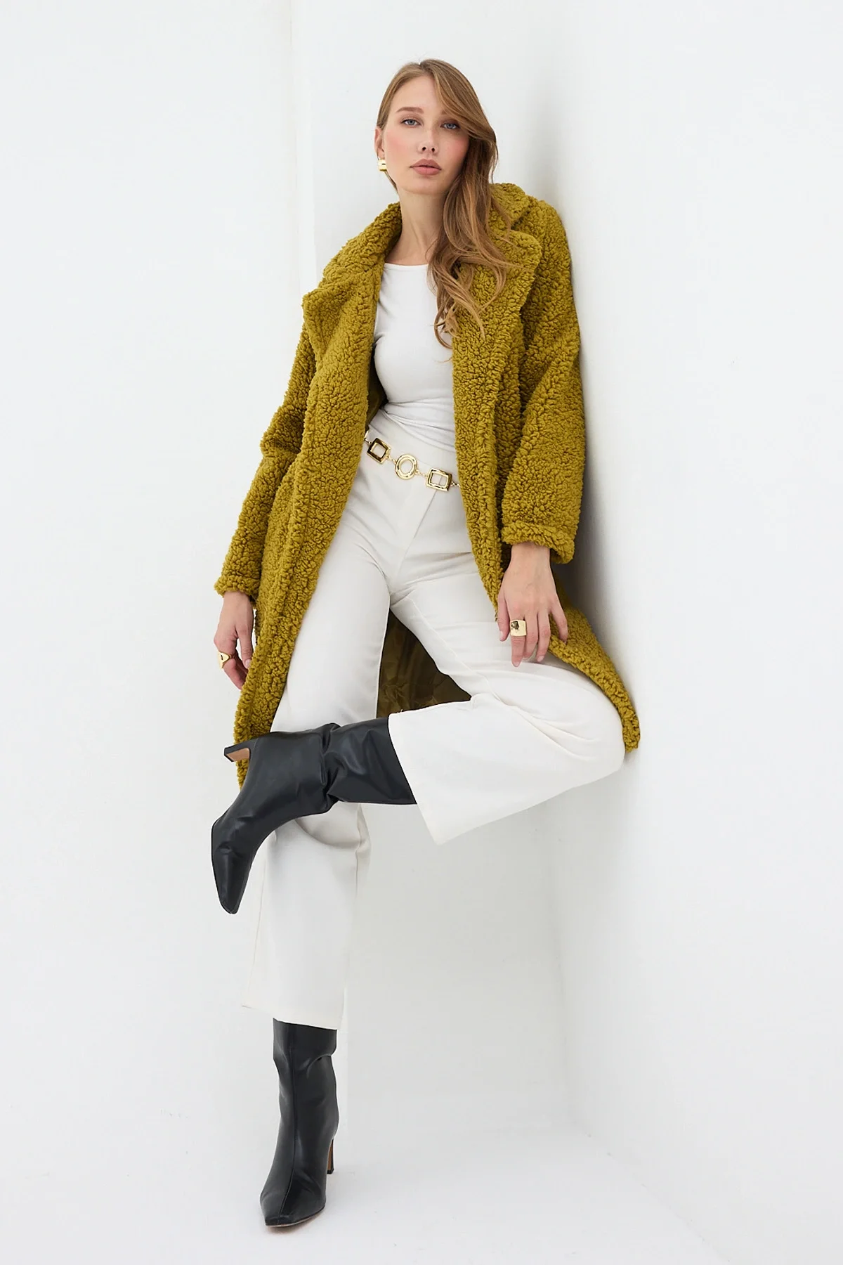 Kadın Yağ Yeşili Tek Düğmeli Çift Cepli Astarlı Buklet Kaban