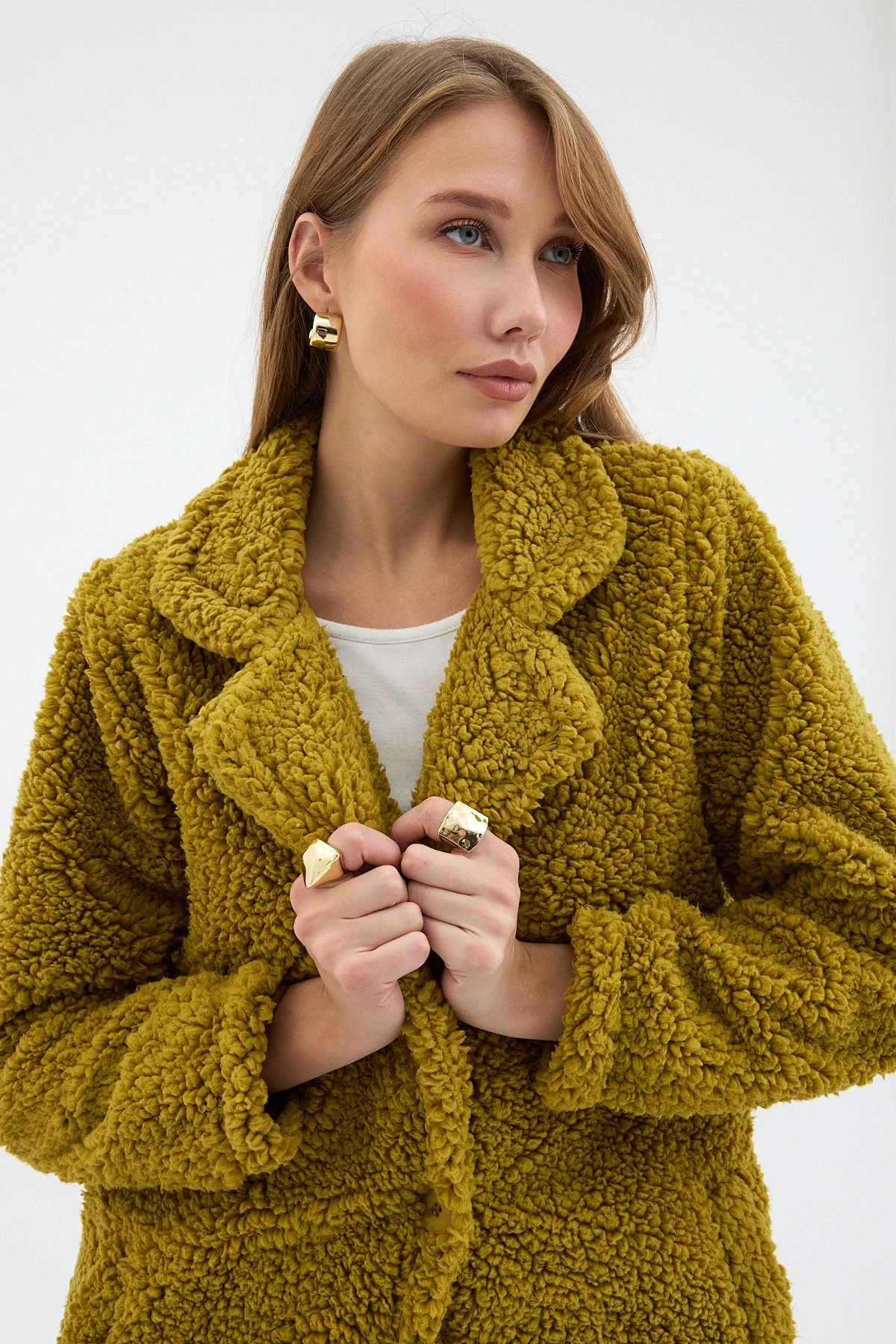 Kadın Yağ Yeşili Tek Düğmeli Çift Cepli Astarlı Buklet Kaban