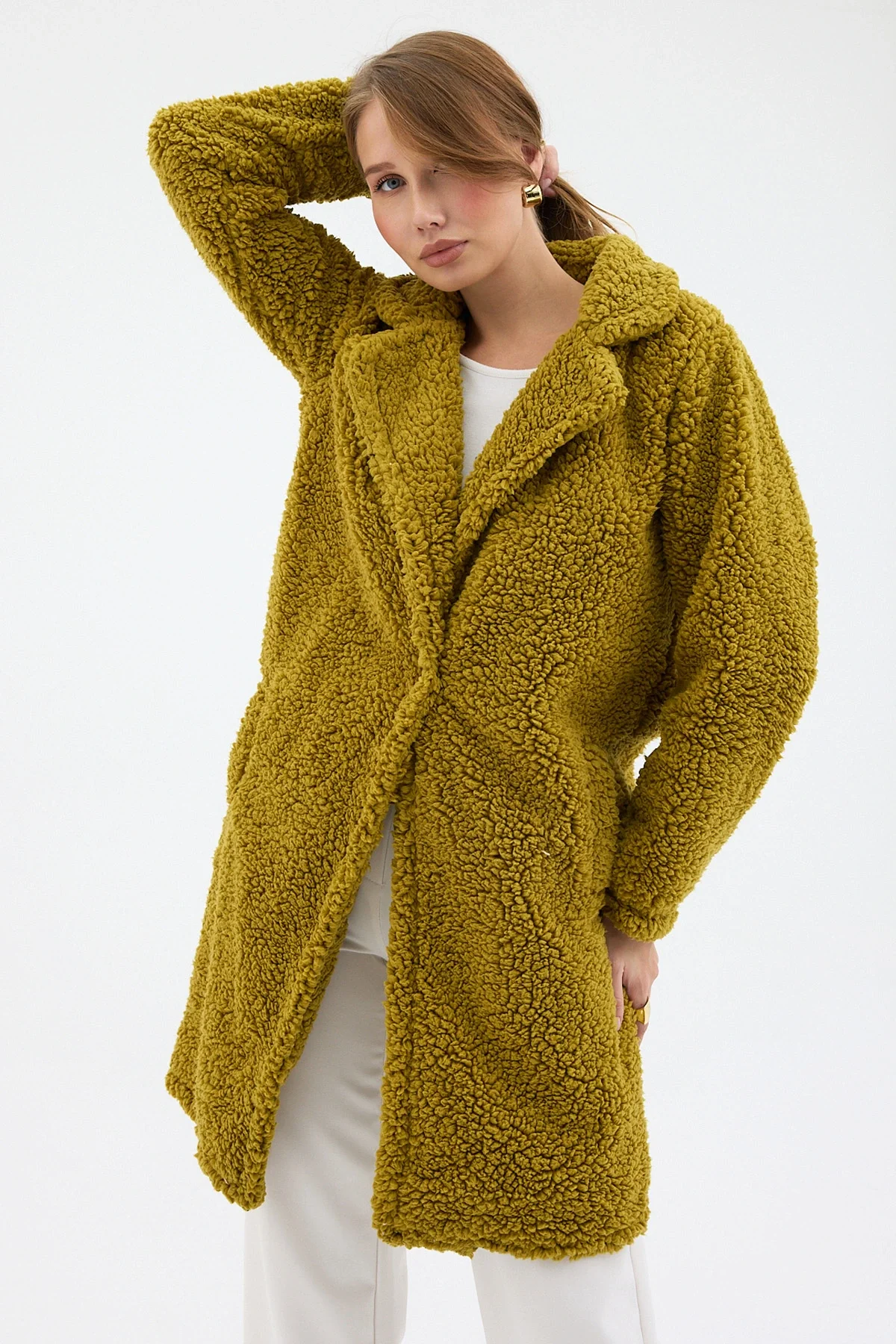 Kadın Yağ Yeşili Tek Düğmeli Çift Cepli Astarlı Buklet Kaban