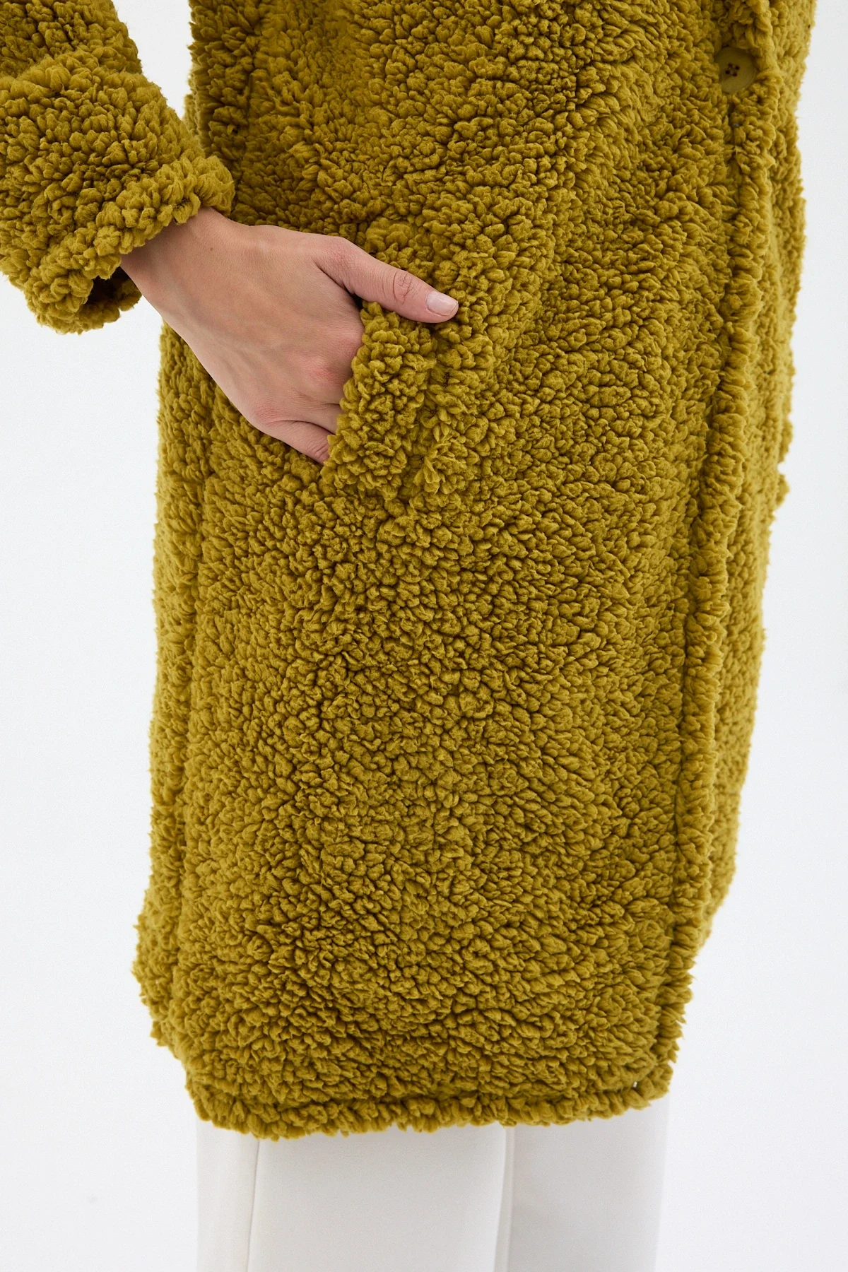 Kadın Yağ Yeşili Tek Düğmeli Çift Cepli Astarlı Buklet Kaban