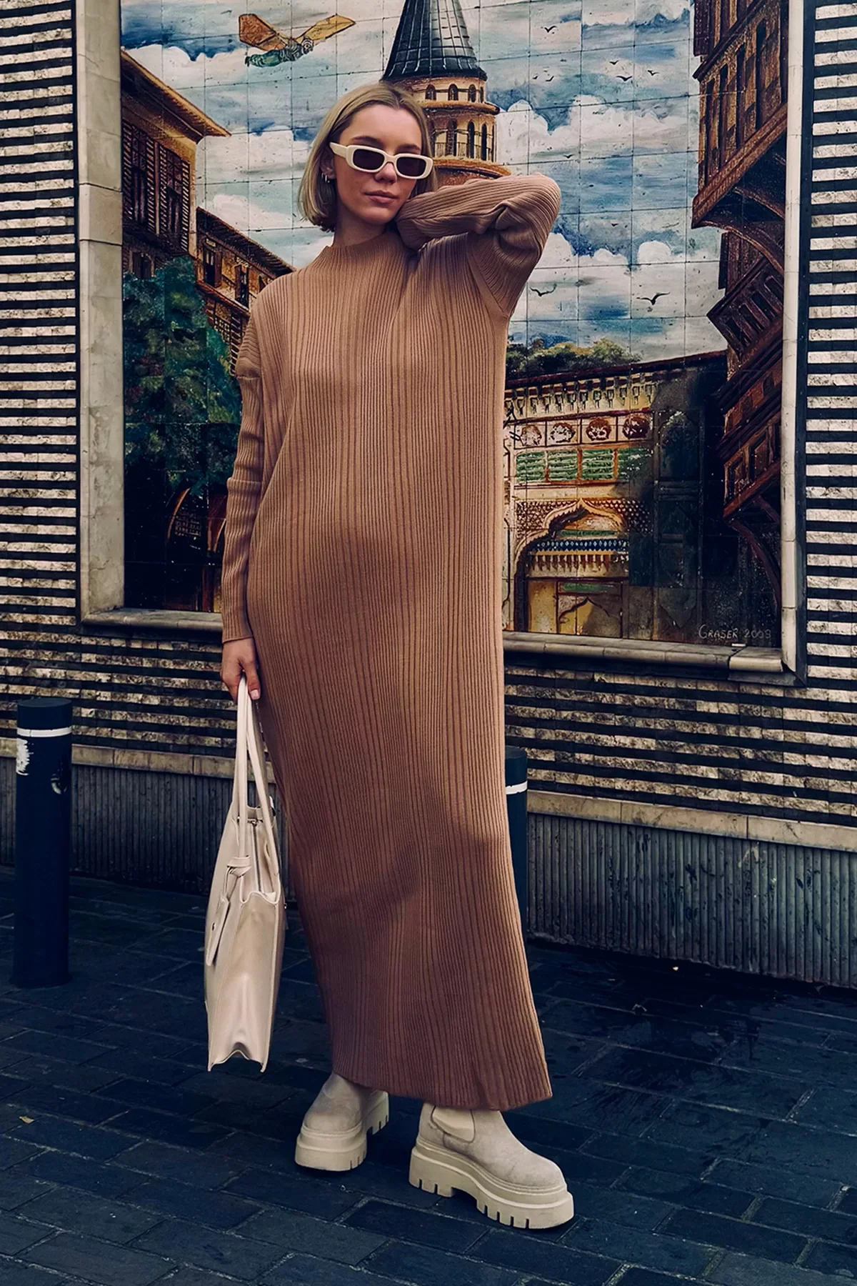 Kadın Yarım Balıkçı Yaka Triko Uzun Elbise T3139