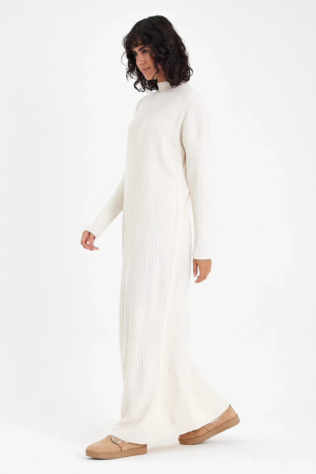 Kadın Yarım Balıkçı Yaka Triko Uzun Elbise T3139