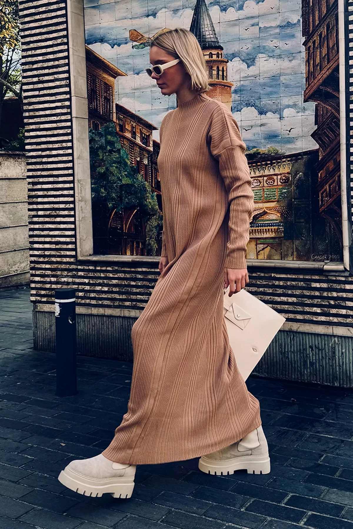 Kadın Yarım Balıkçı Yaka Triko Uzun Elbise T3139