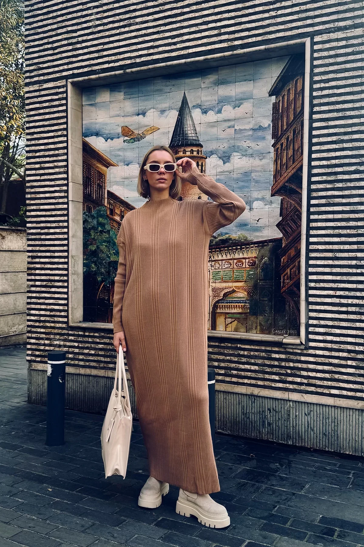 Kadın Yarım Balıkçı Yaka Triko Uzun Elbise T3139