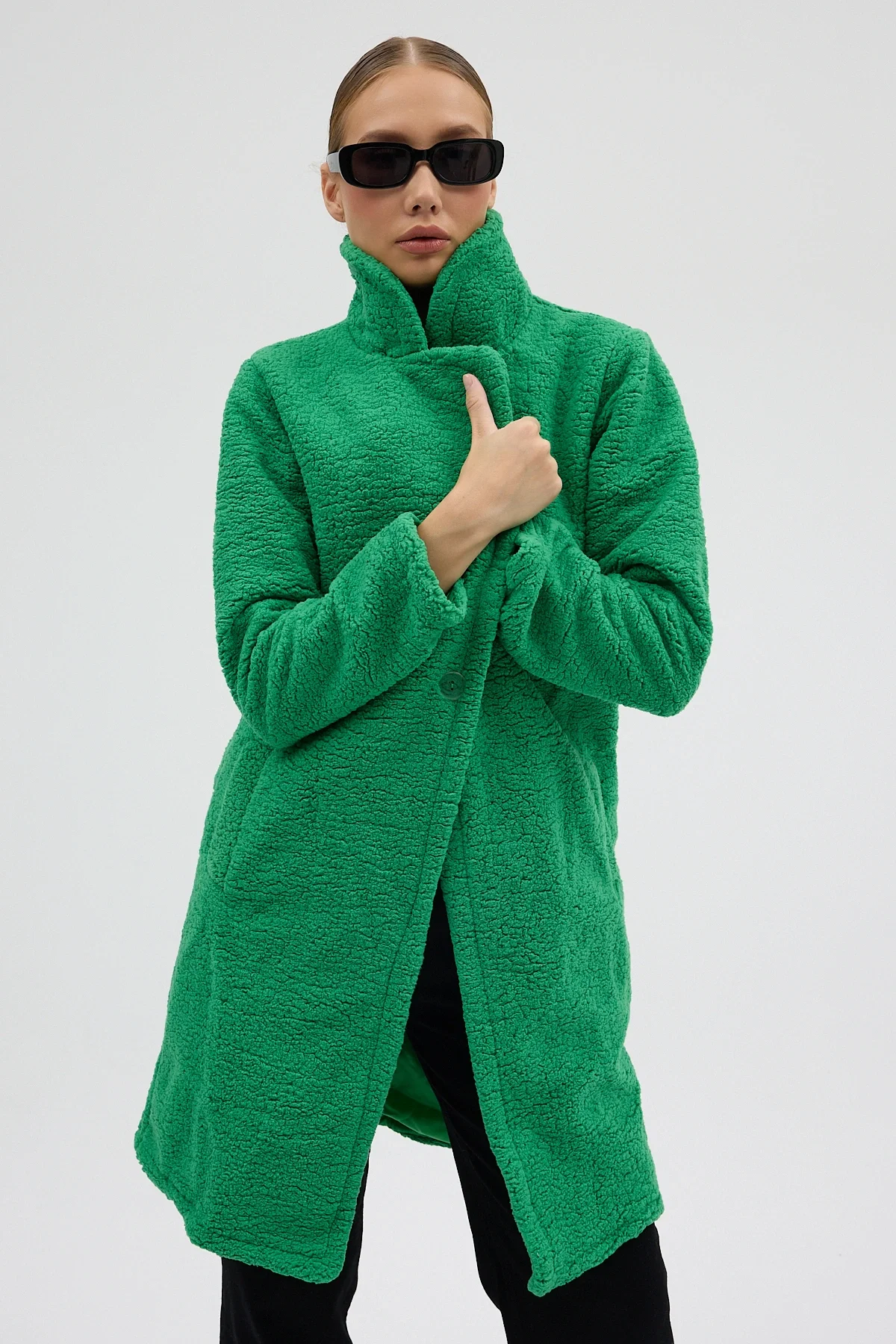 Kadın Yeşil Tek Düğmeli Çift Cepli Astarlı Buklet Kaban