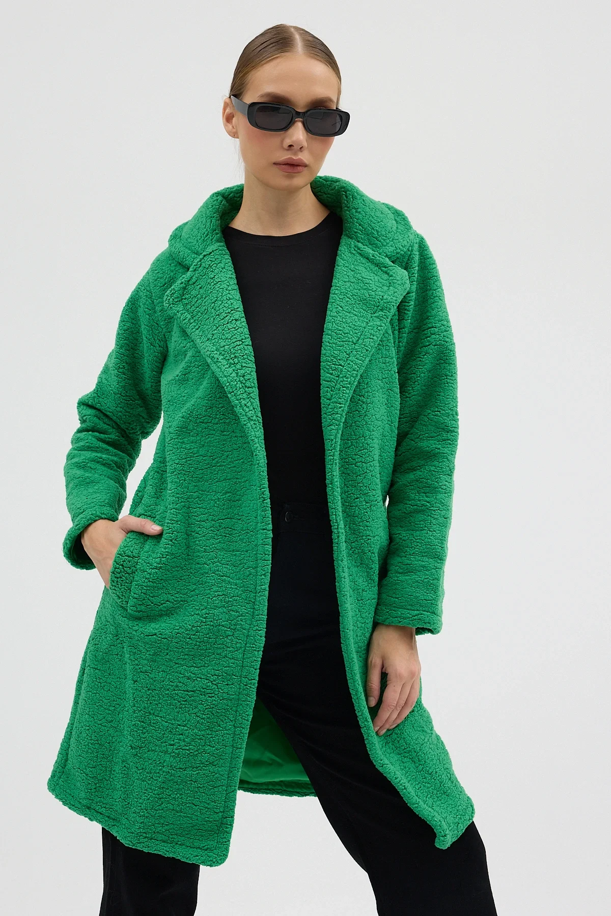 Kadın Yeşil Tek Düğmeli Çift Cepli Astarlı Buklet Kaban