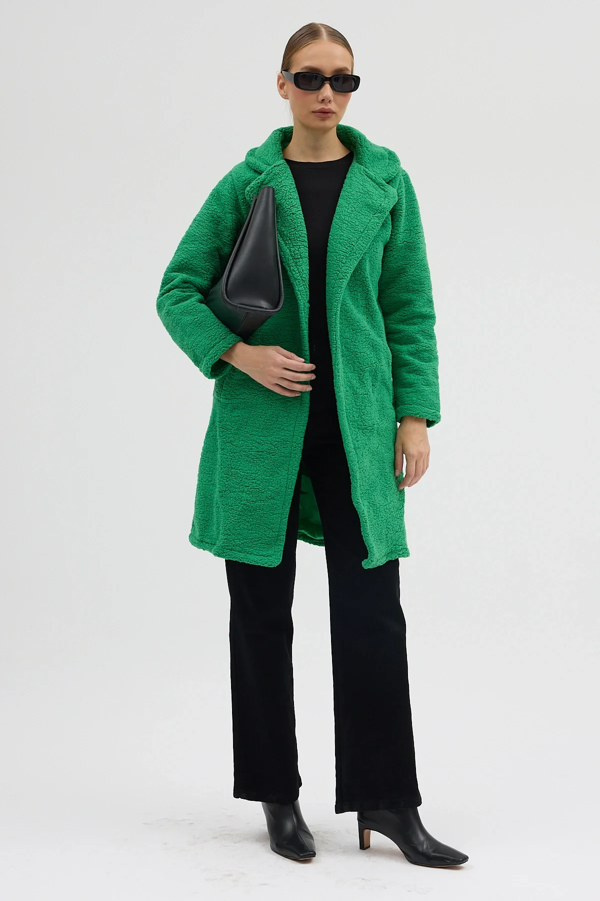 Kadın Yeşil Tek Düğmeli Çift Cepli Astarlı Buklet Kaban