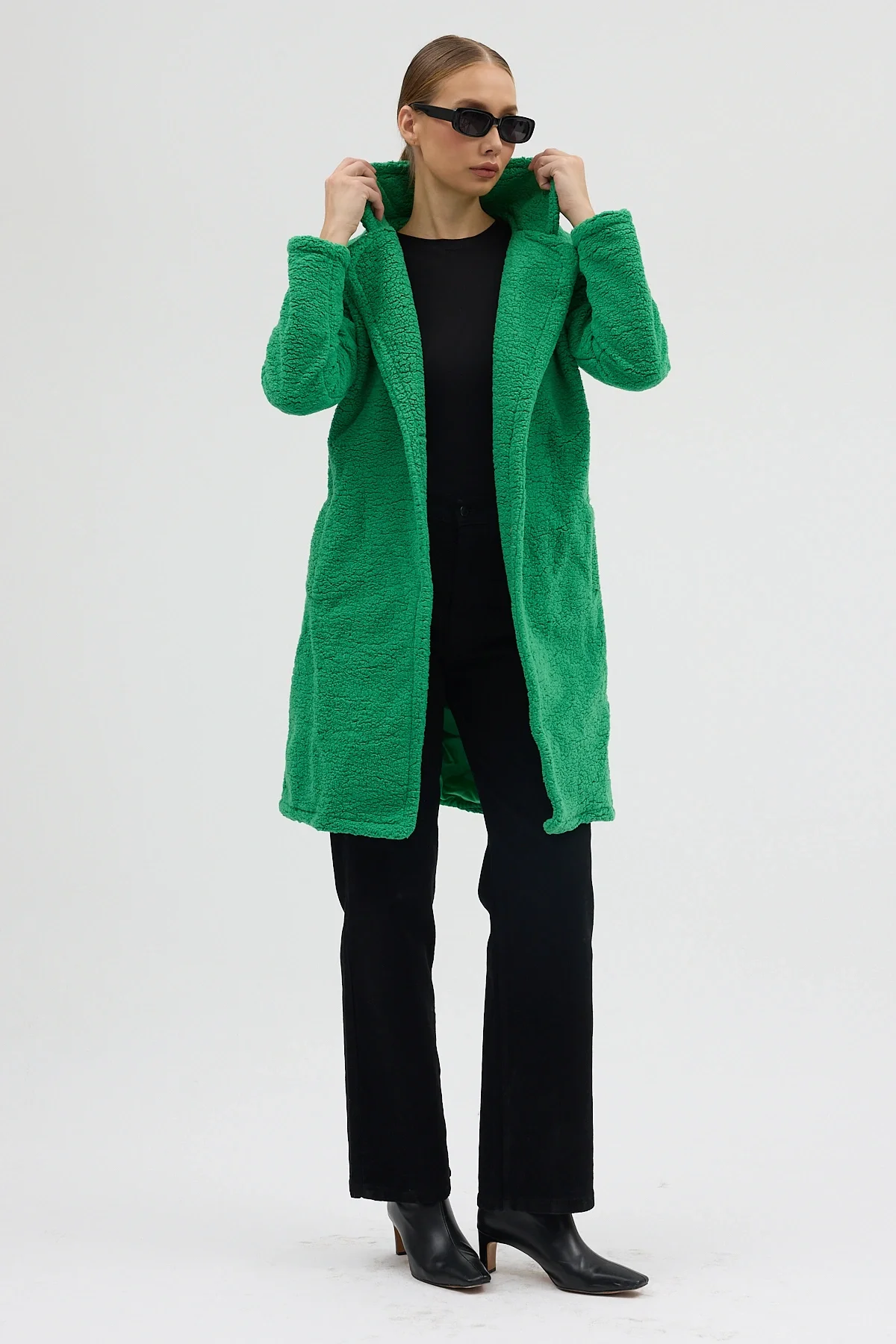 Kadın Yeşil Tek Düğmeli Çift Cepli Astarlı Buklet Kaban