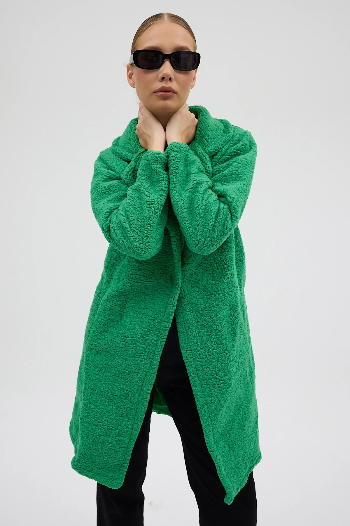 Kadın Yeşil Tek Düğmeli Çift Cepli Astarlı Buklet Kaban