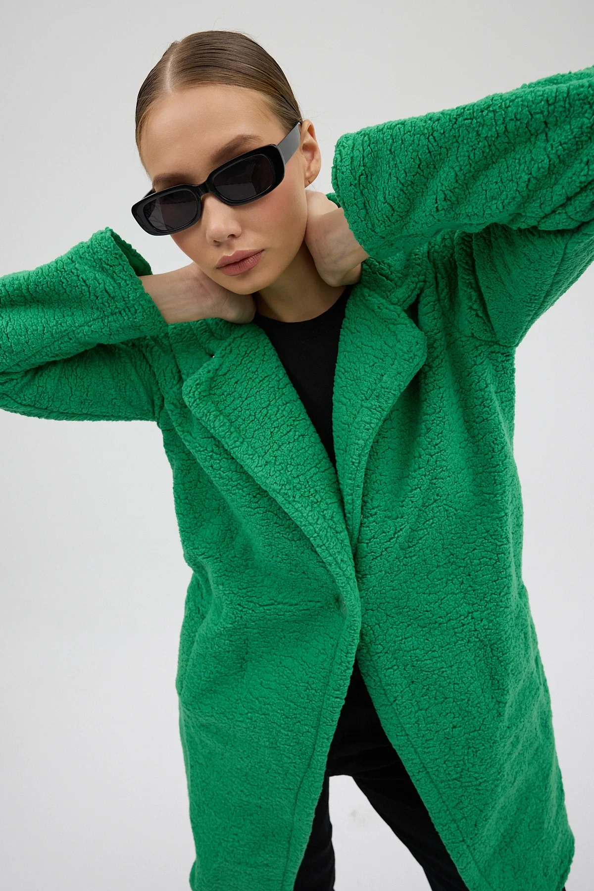 Kadın Yeşil Tek Düğmeli Çift Cepli Astarlı Buklet Kaban