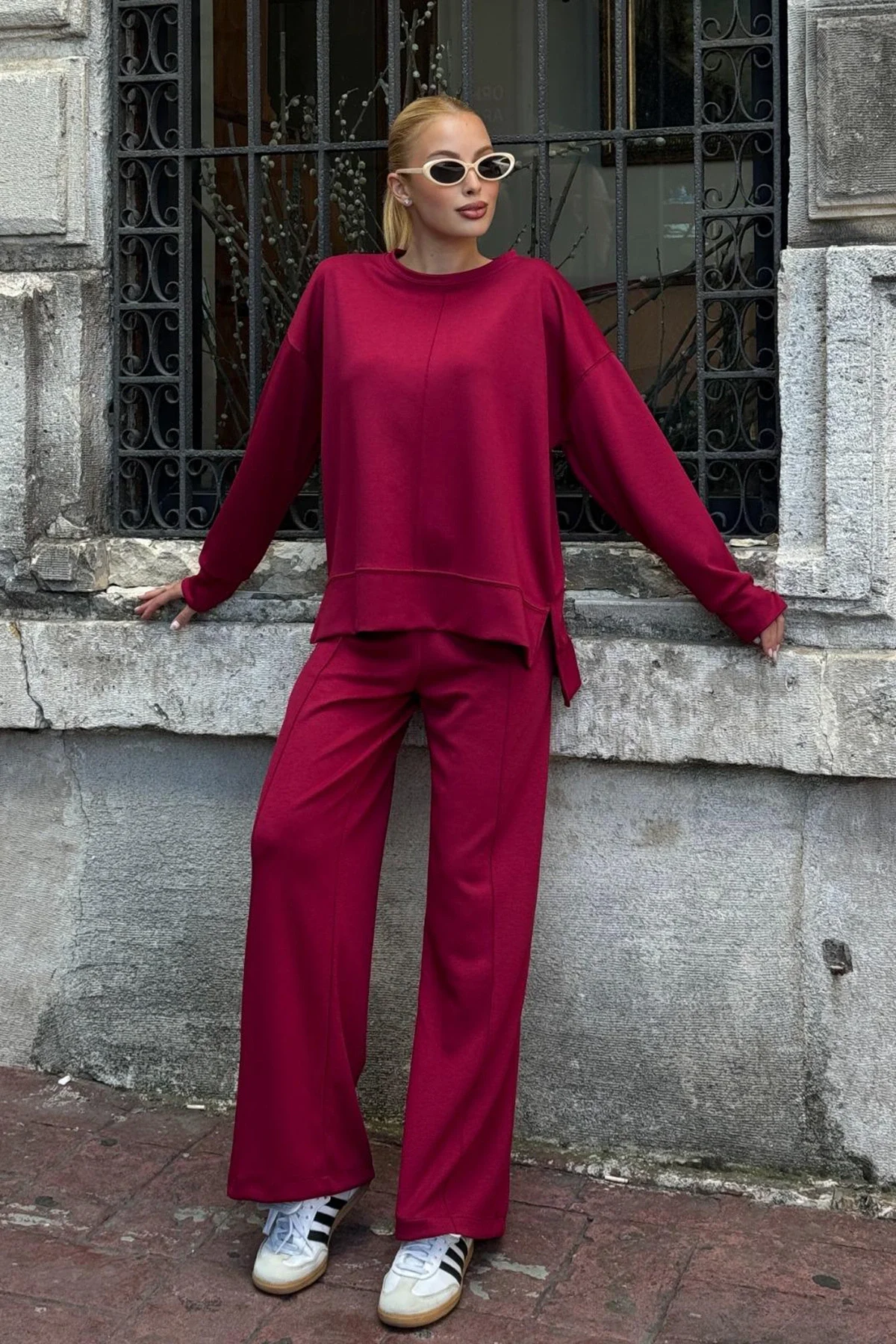 Kadın Yumuşak Dokunuşlu Modal Kumaşlı Geniş Paçalı İkili Takım - Bordo