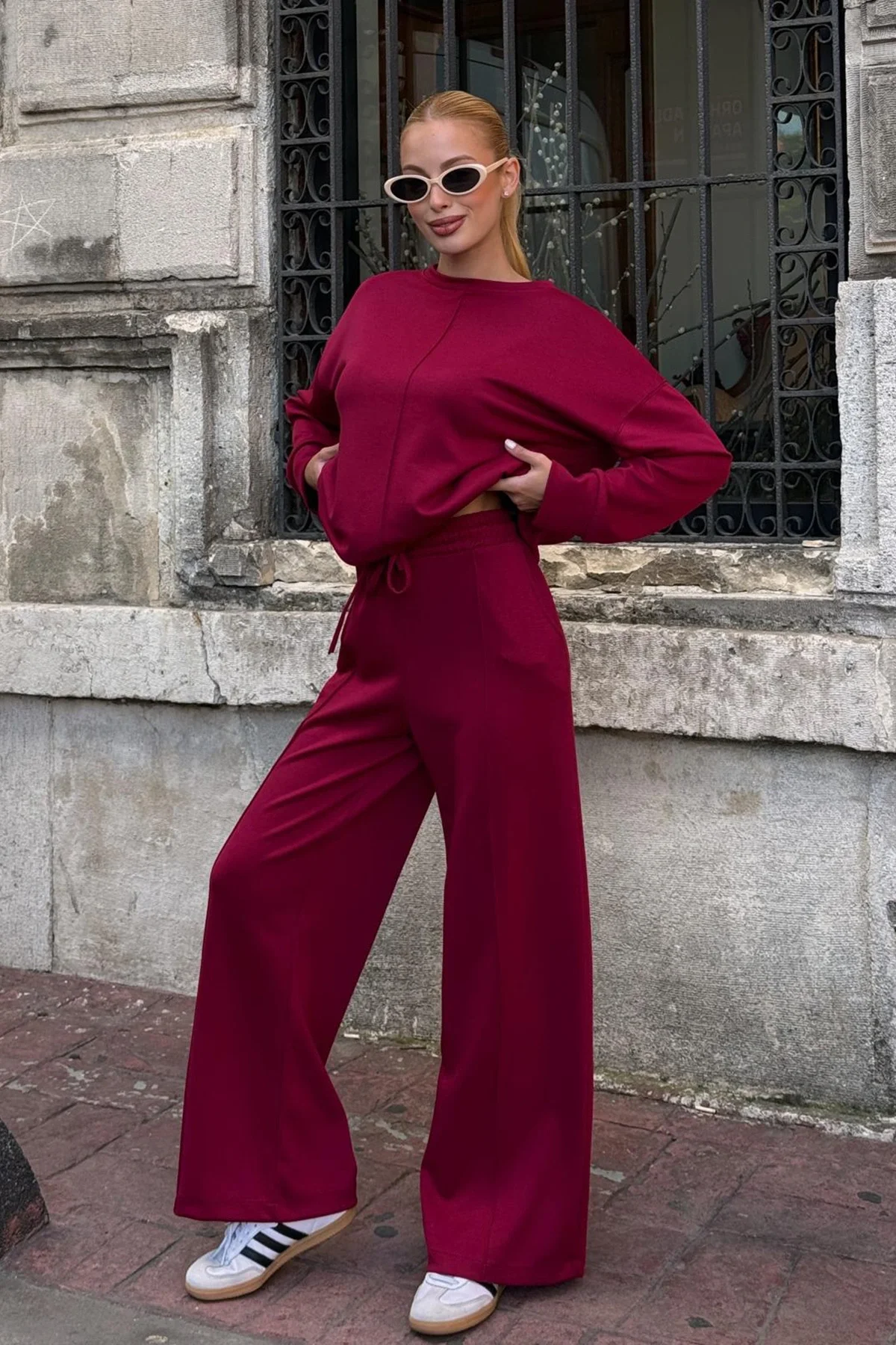 Kadın Yumuşak Dokunuşlu Modal Kumaşlı Geniş Paçalı İkili Takım - Bordo