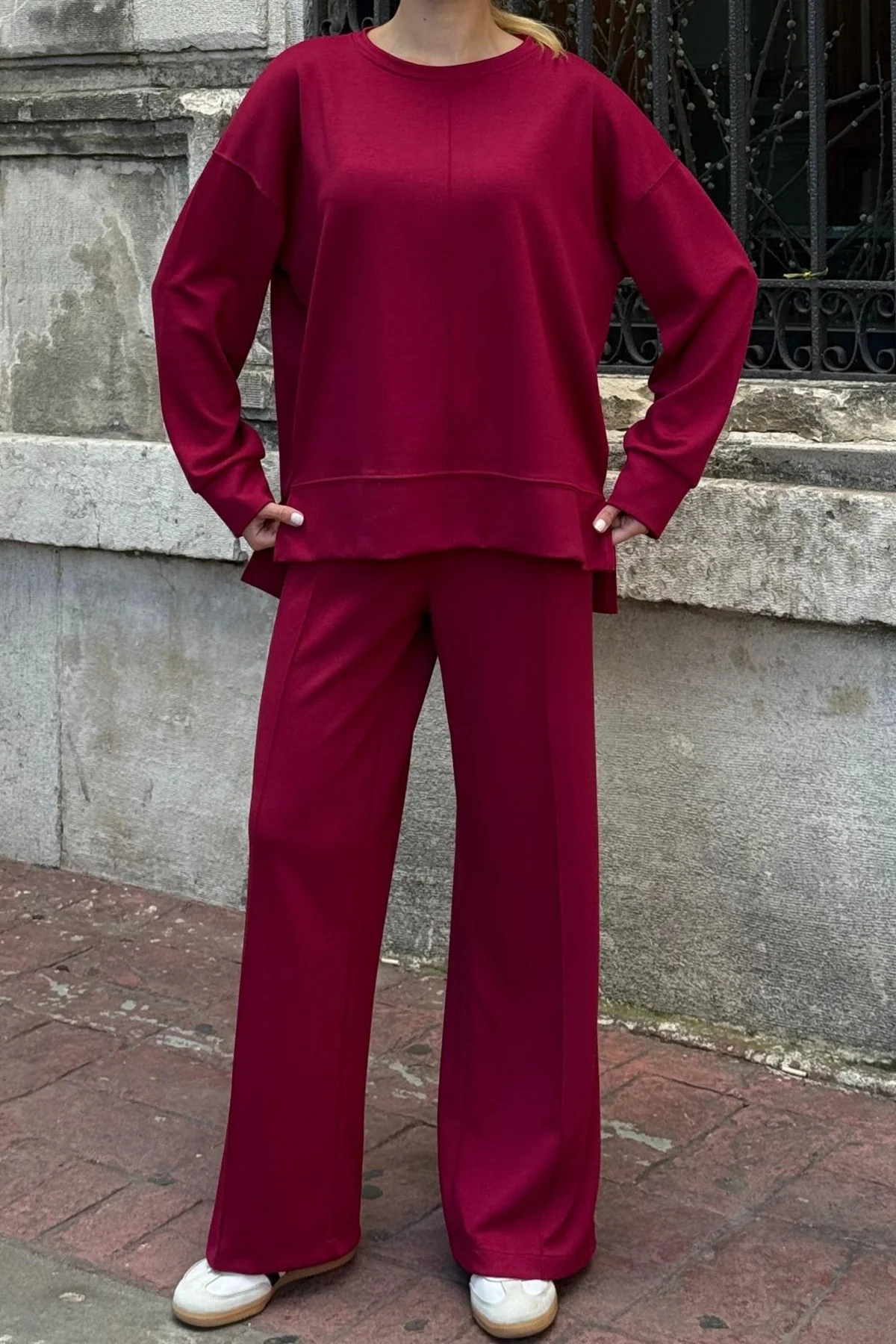 Kadın Yumuşak Dokunuşlu Modal Kumaşlı Geniş Paçalı İkili Takım - Bordo