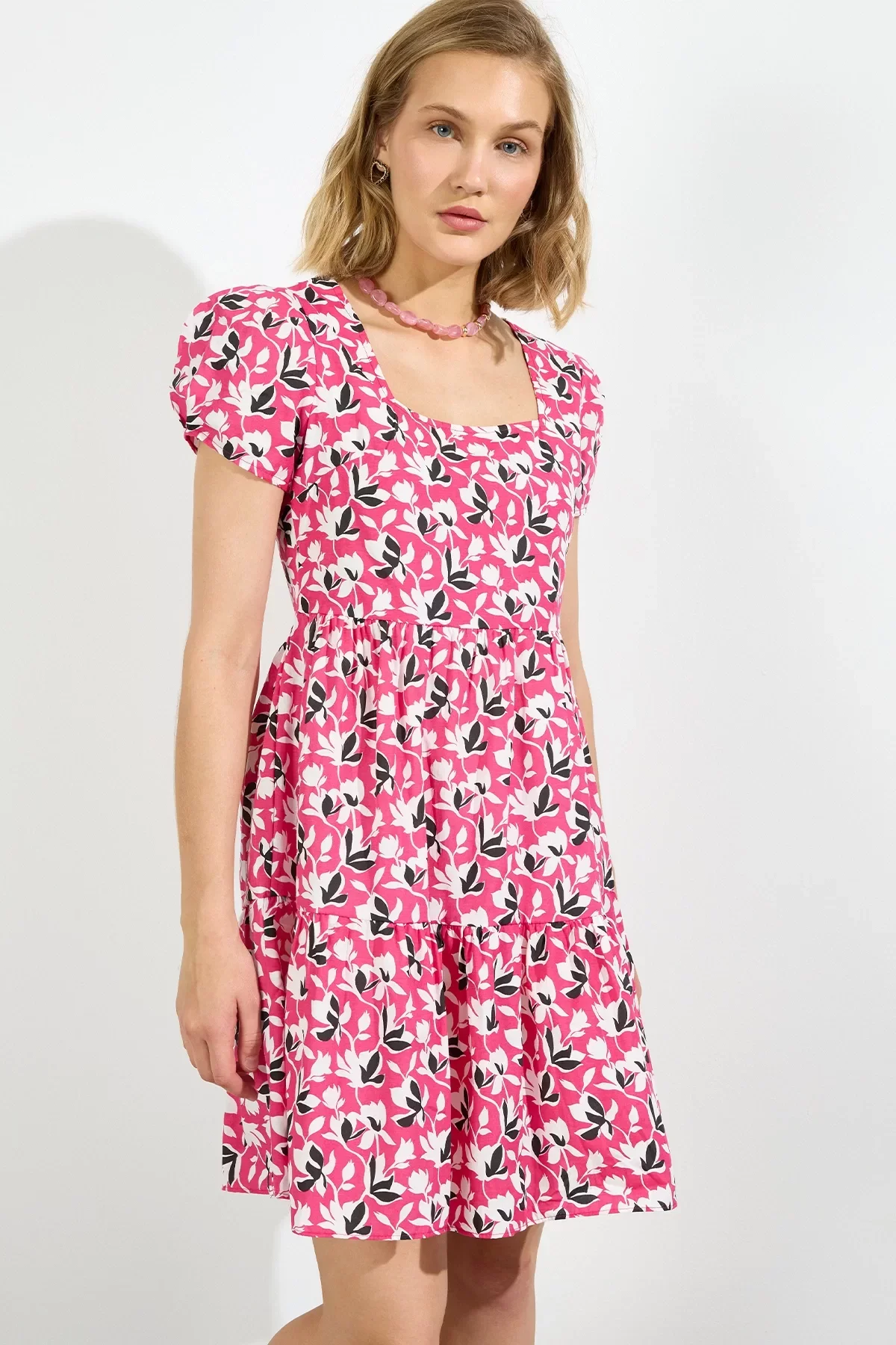 Kadın Kare Yaka Büzgü Detaylı Mini Elbise 4447/95