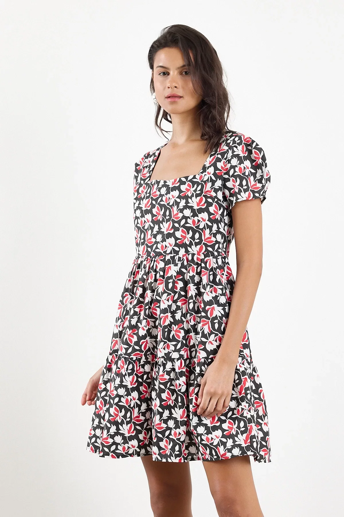 Kadın kare Yaka büzgü Detaylı Mini Elbise 4447/95