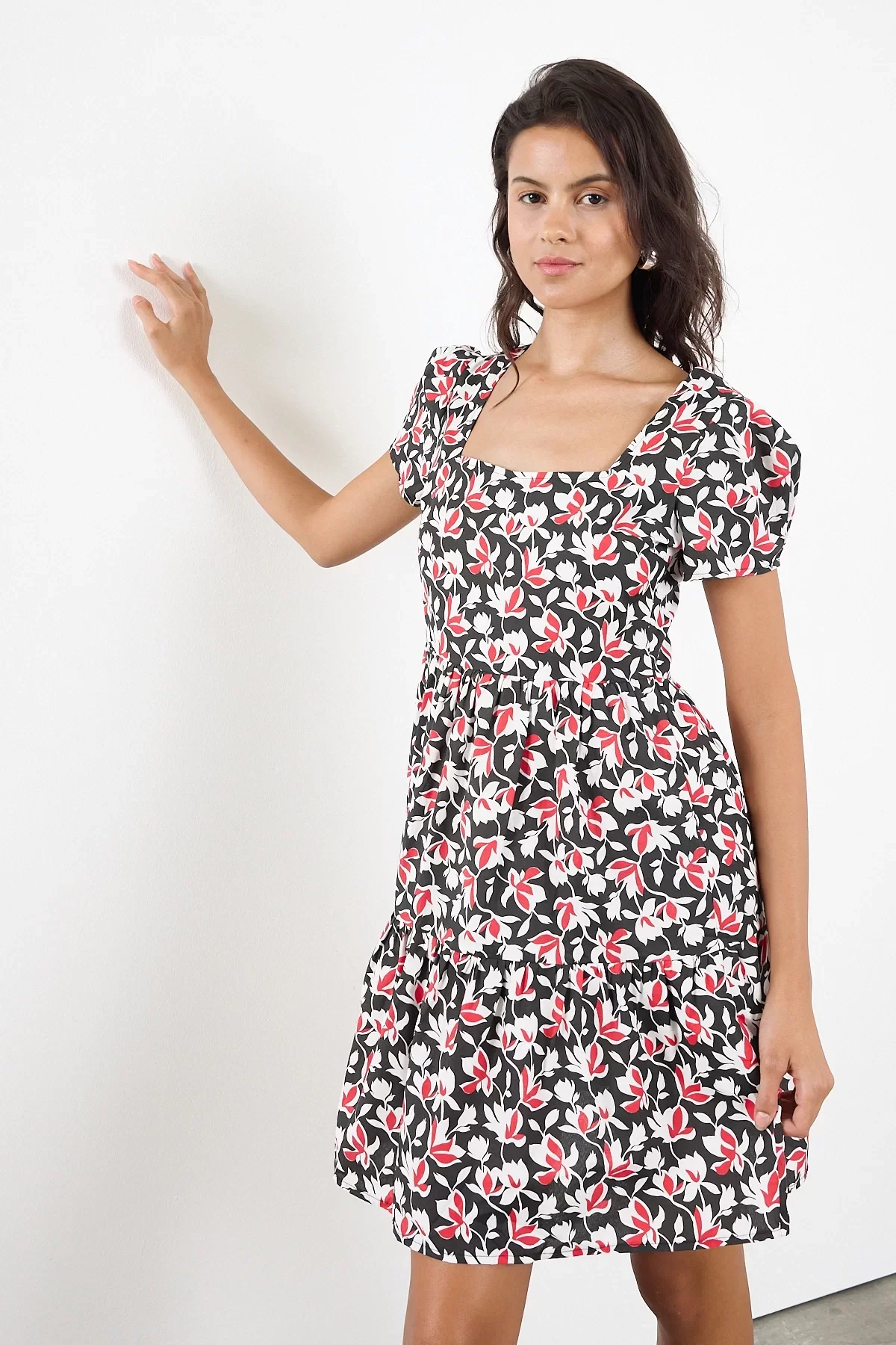 Kadın kare Yaka büzgü Detaylı Mini Elbise 4447/95