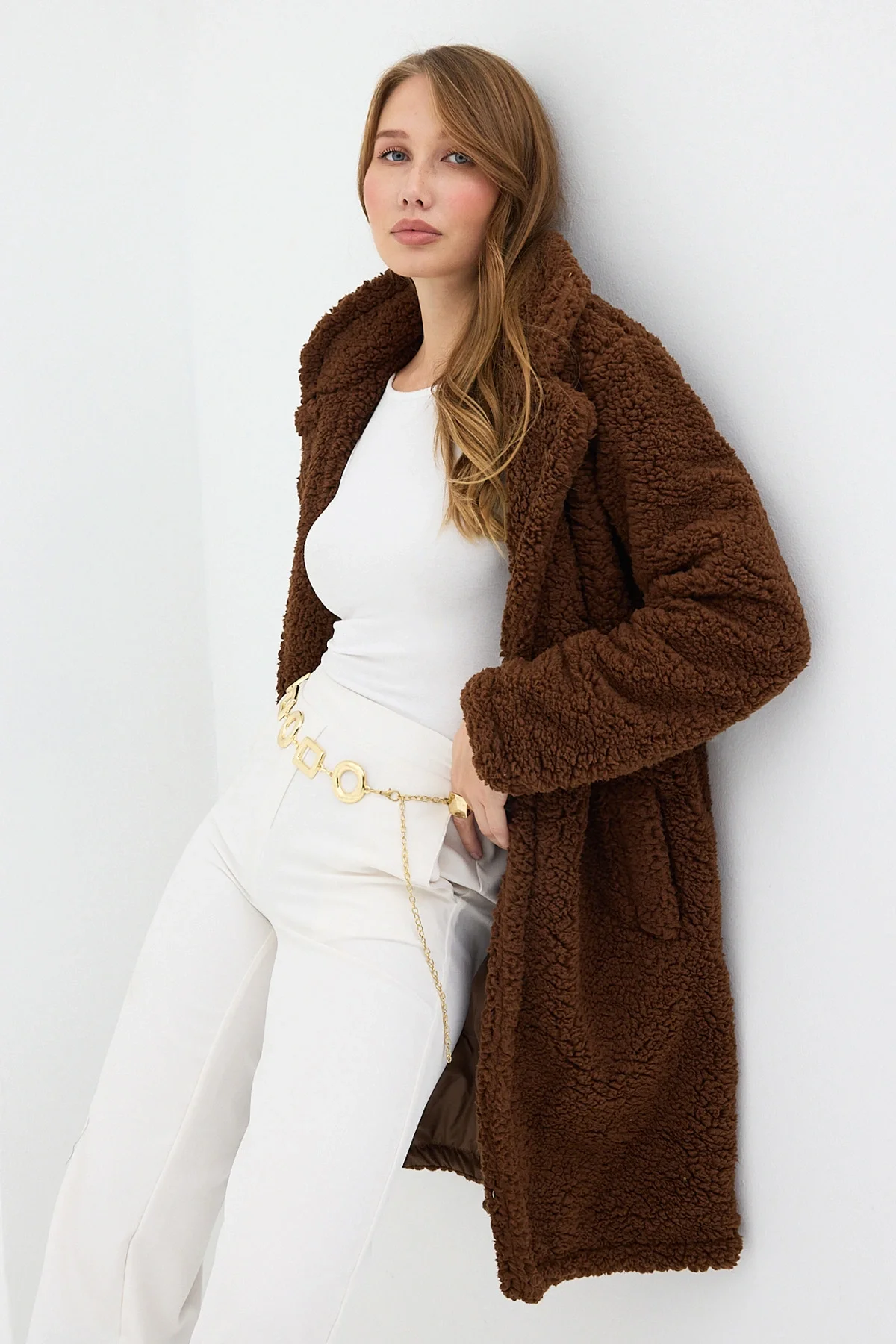 Kahve Tek Düğmeli Çift Cepli Astarlı Buklet Kaban