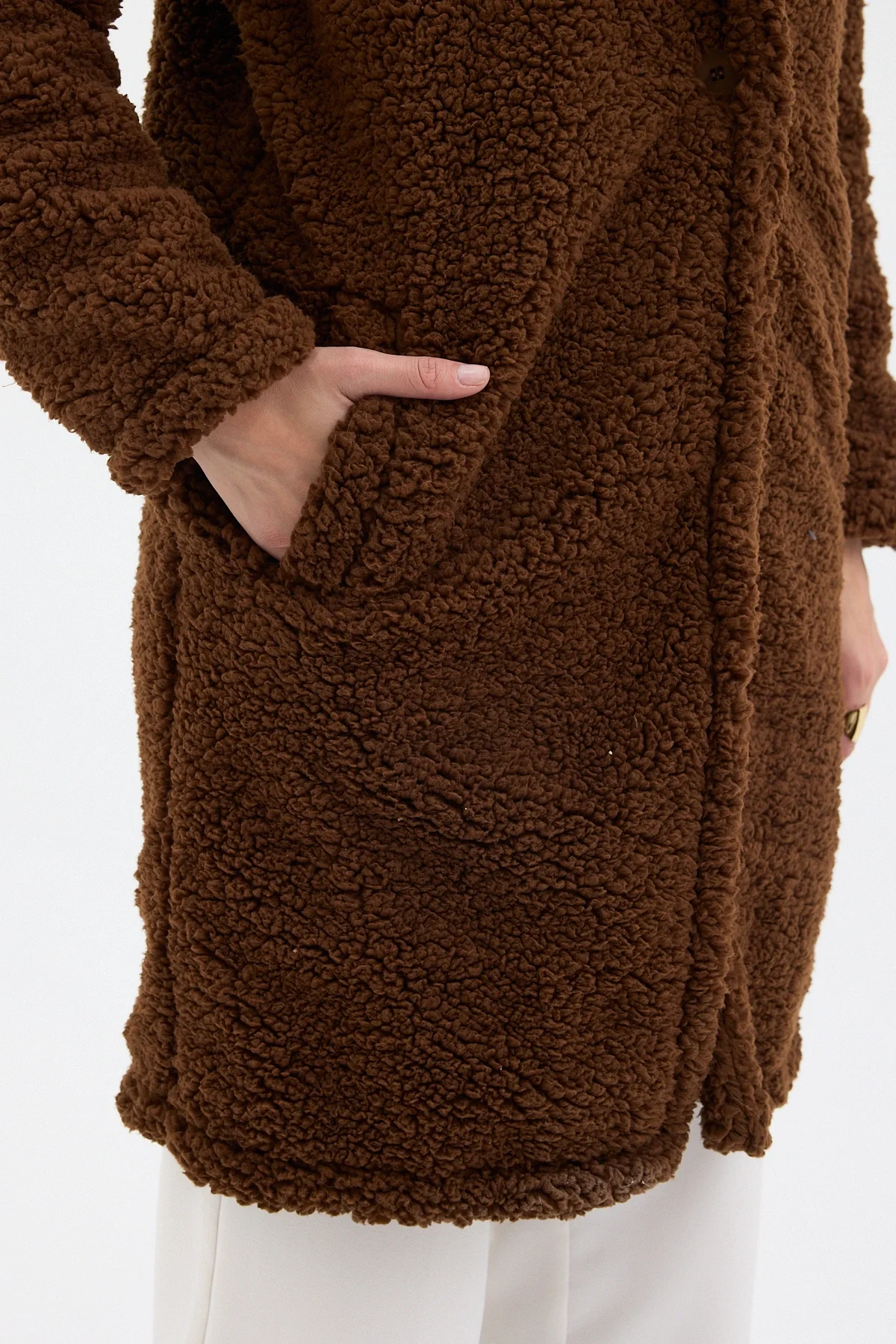 Kahve Tek Düğmeli Çift Cepli Astarlı Buklet Kaban