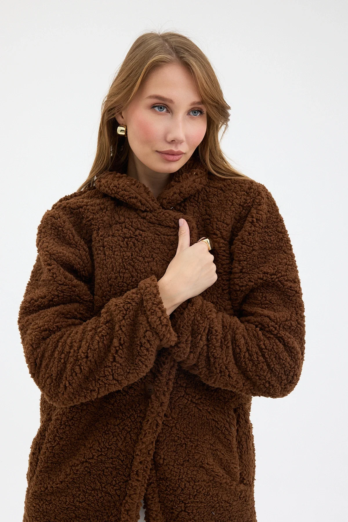 Kahve Tek Düğmeli Çift Cepli Astarlı Buklet Kaban