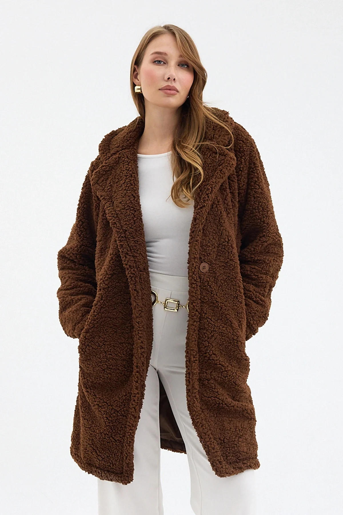 Kahve Tek Düğmeli Çift Cepli Astarlı Buklet Kaban