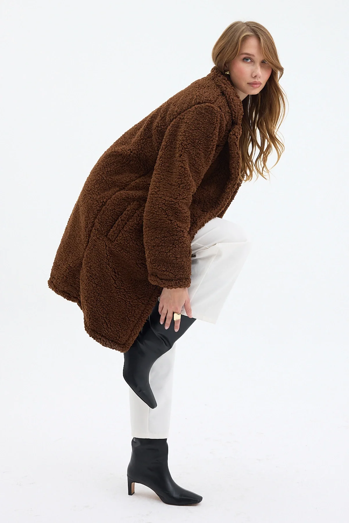 Kahve Tek Düğmeli Çift Cepli Astarlı Buklet Kaban