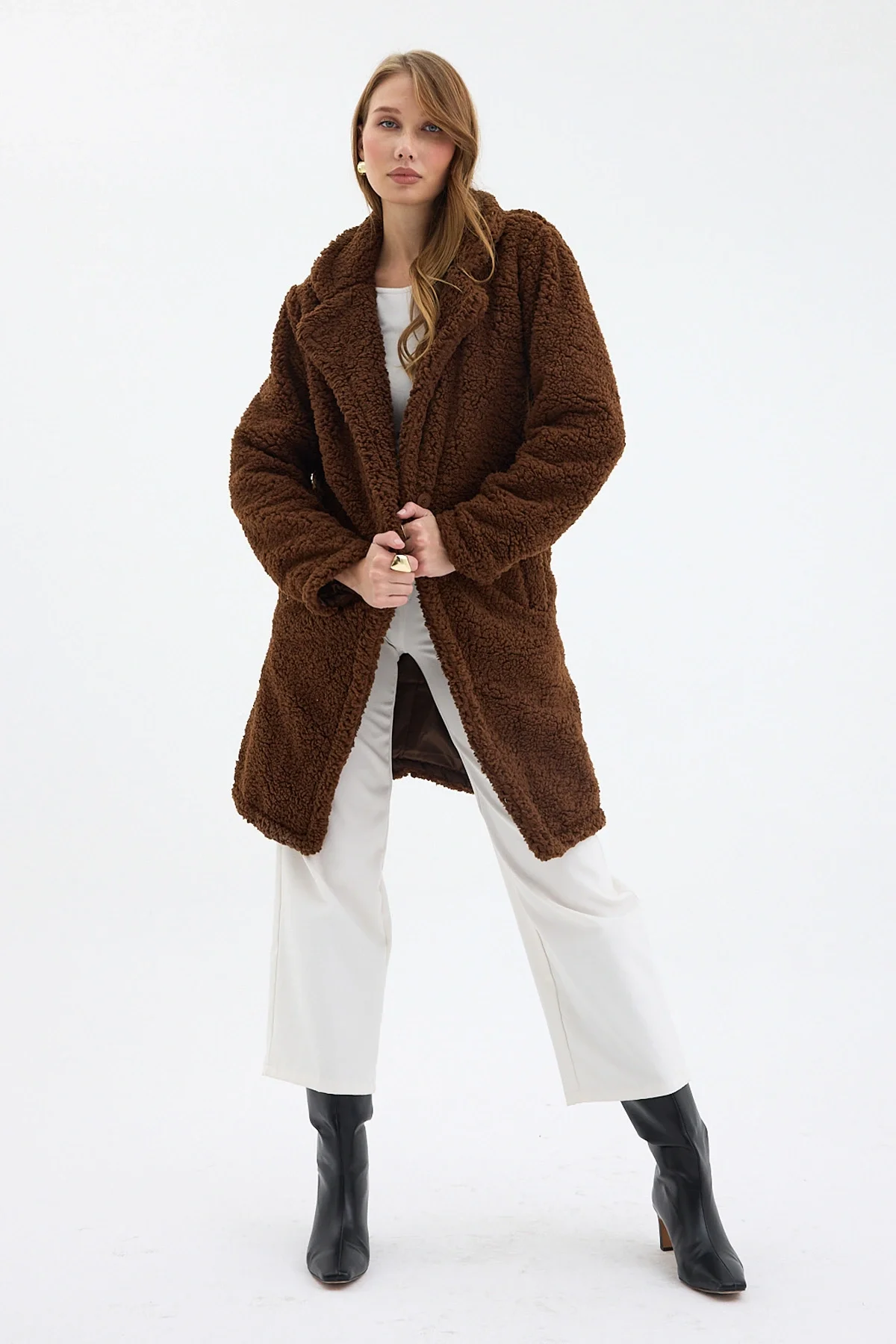 Kahve Tek Düğmeli Çift Cepli Astarlı Buklet Kaban