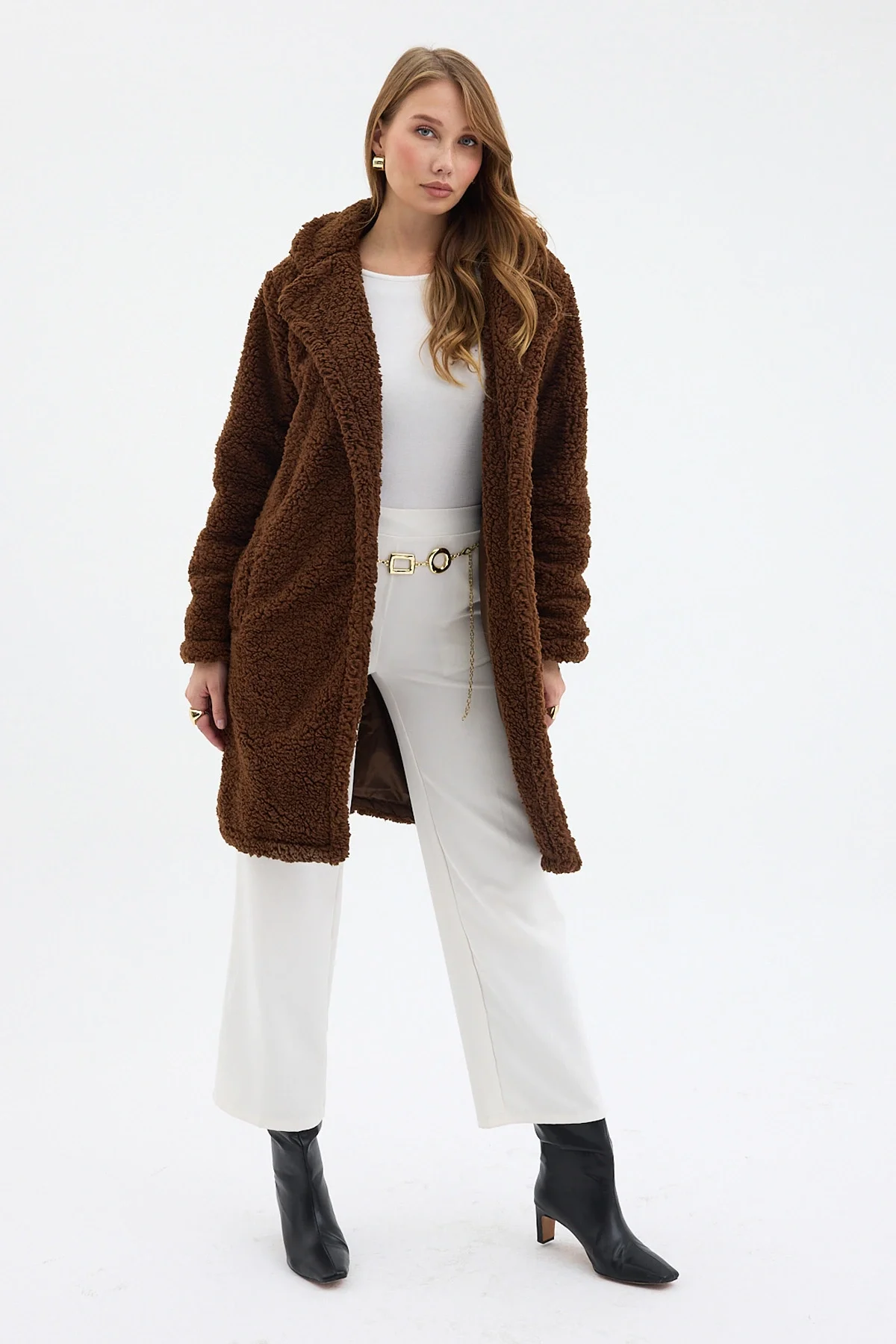 Kahve Tek Düğmeli Çift Cepli Astarlı Buklet Kaban