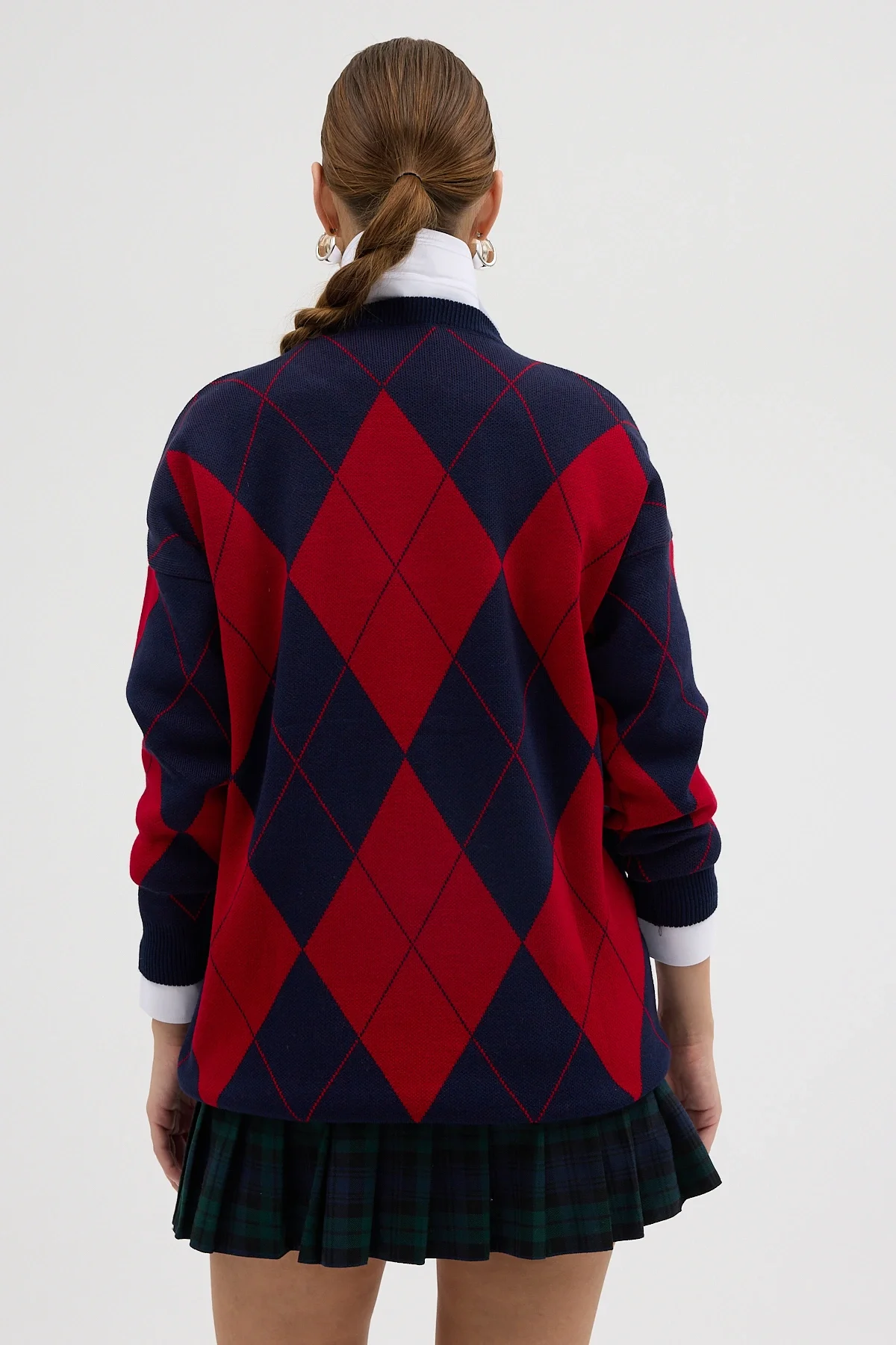 Kırmızı Lacivert Baklava Desenli Yarım Balıkçı Yaka Oversize Triko Kazak