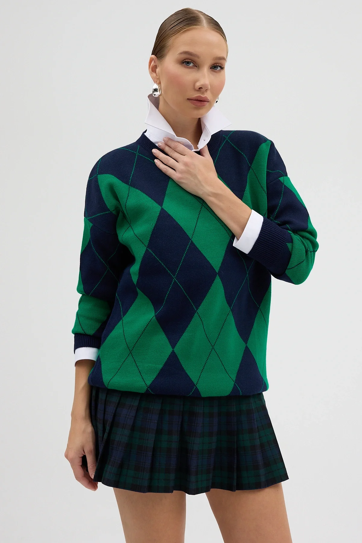 Lacivert Yeşil Baklava Desenli Yarım Balıkçı Yaka Oversize Triko Kazak