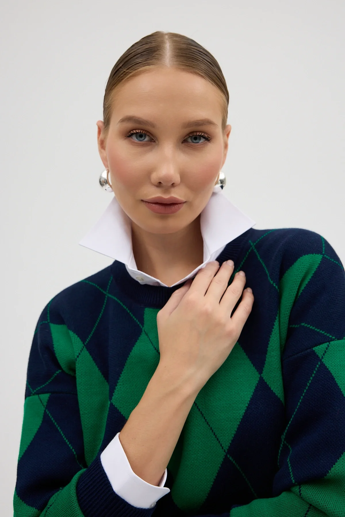 Lacivert Yeşil Baklava Desenli Yarım Balıkçı Yaka Oversize Triko Kazak