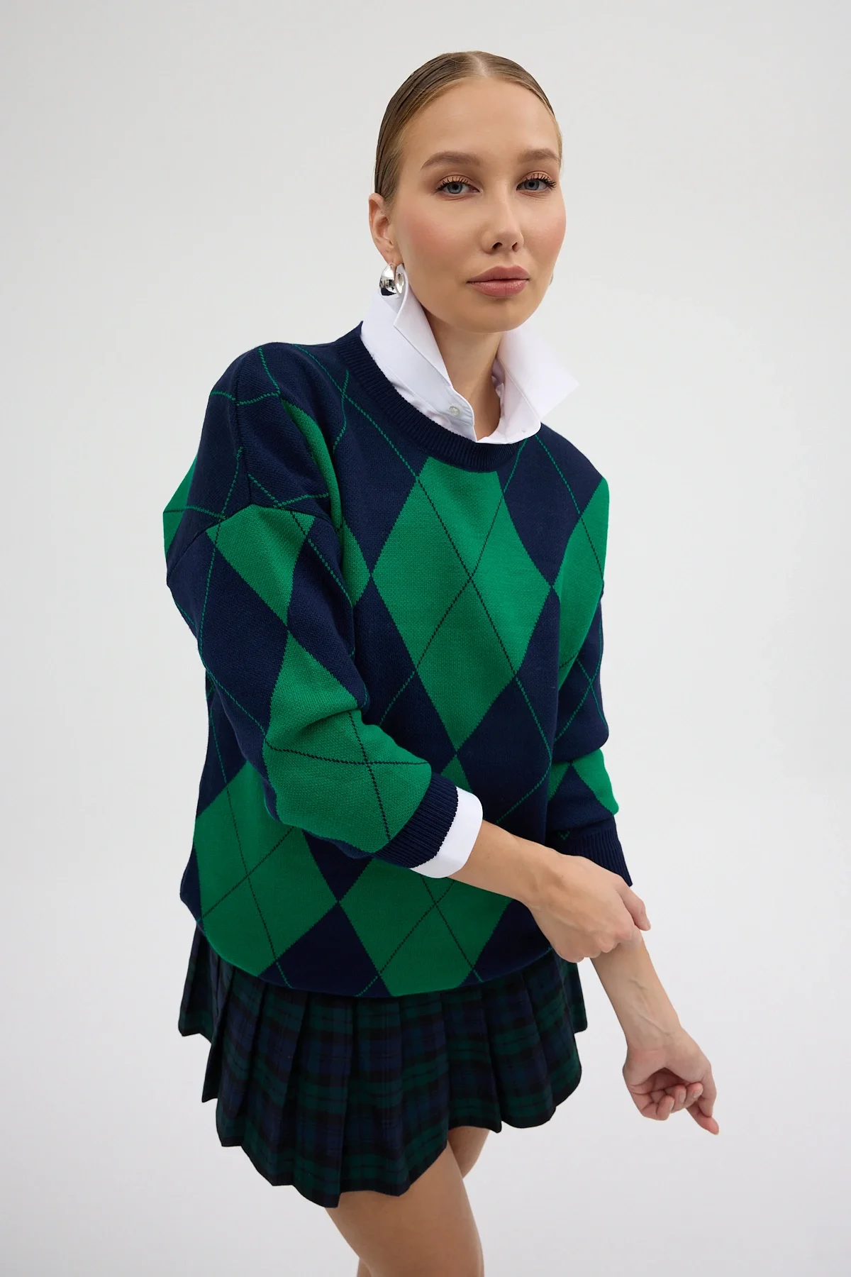 Lacivert Yeşil Baklava Desenli Yarım Balıkçı Yaka Oversize Triko Kazak