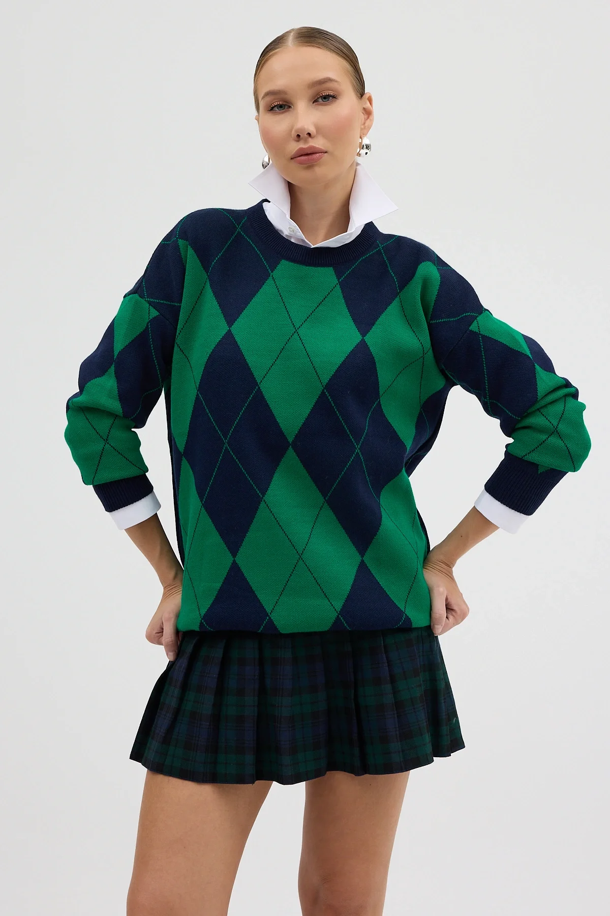 Lacivert Yeşil Baklava Desenli Yarım Balıkçı Yaka Oversize Triko Kazak