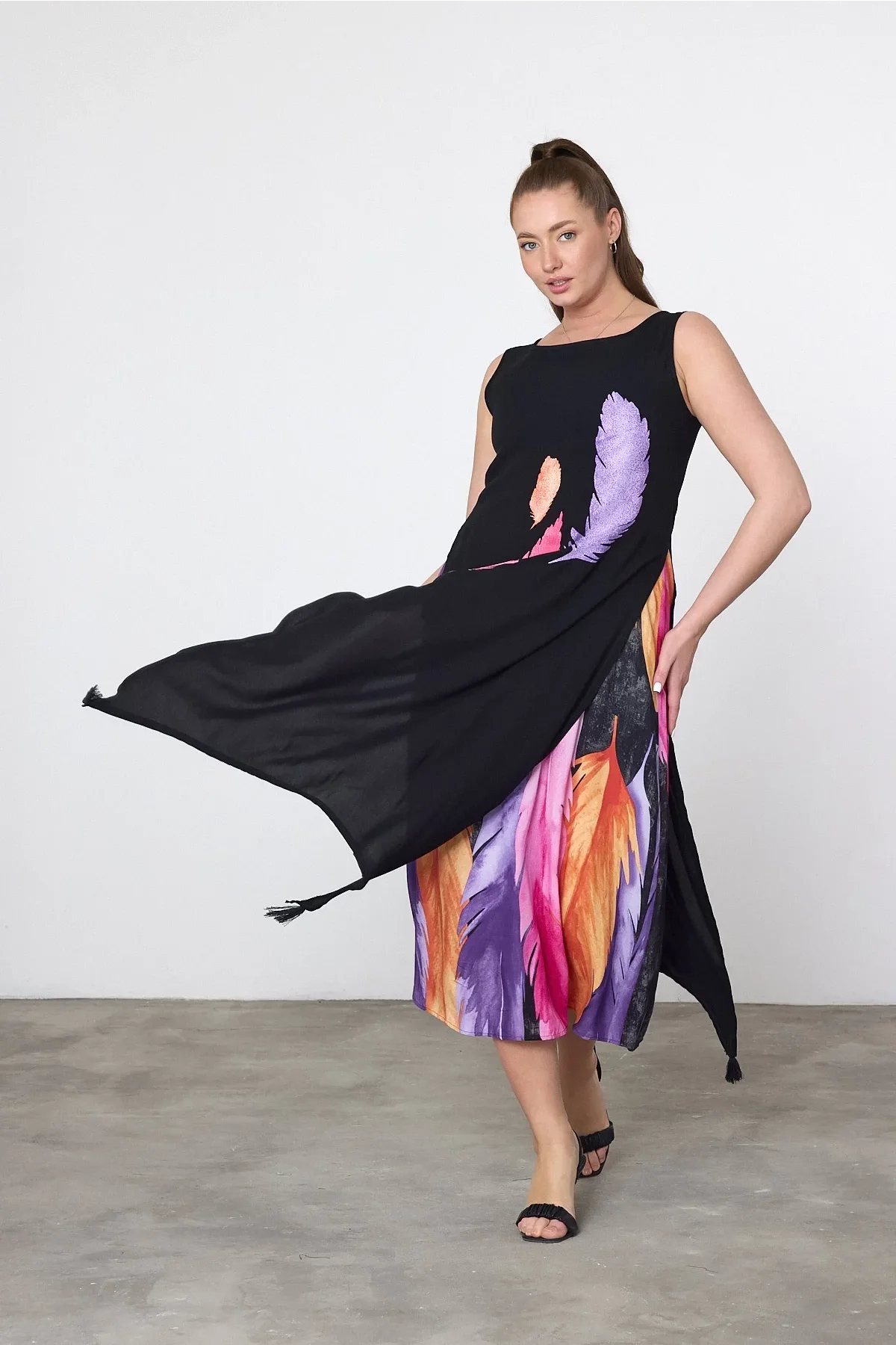 Siyah Mor Kuş Tüyü Baskılı Astarlı Viskon Elbise