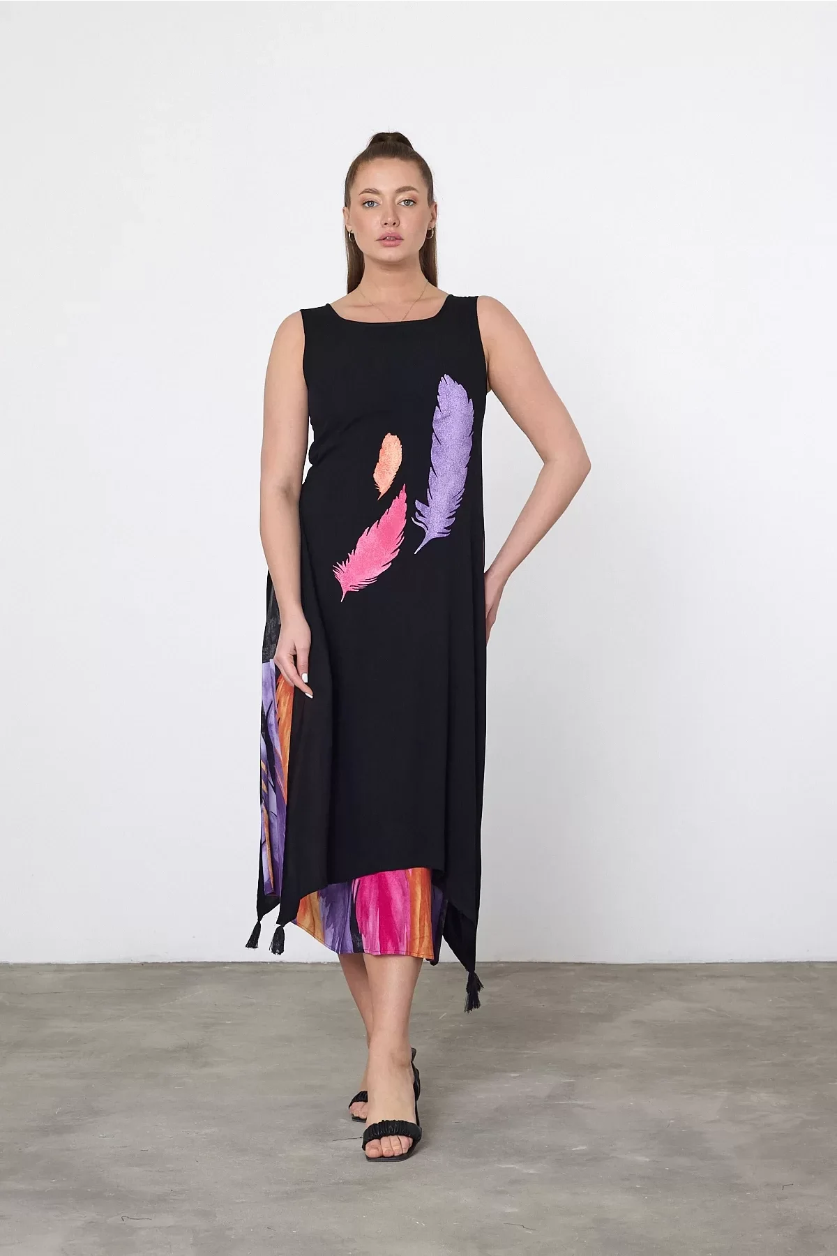 Siyah Mor Kuş Tüyü Baskılı Astarlı Viskon Elbise