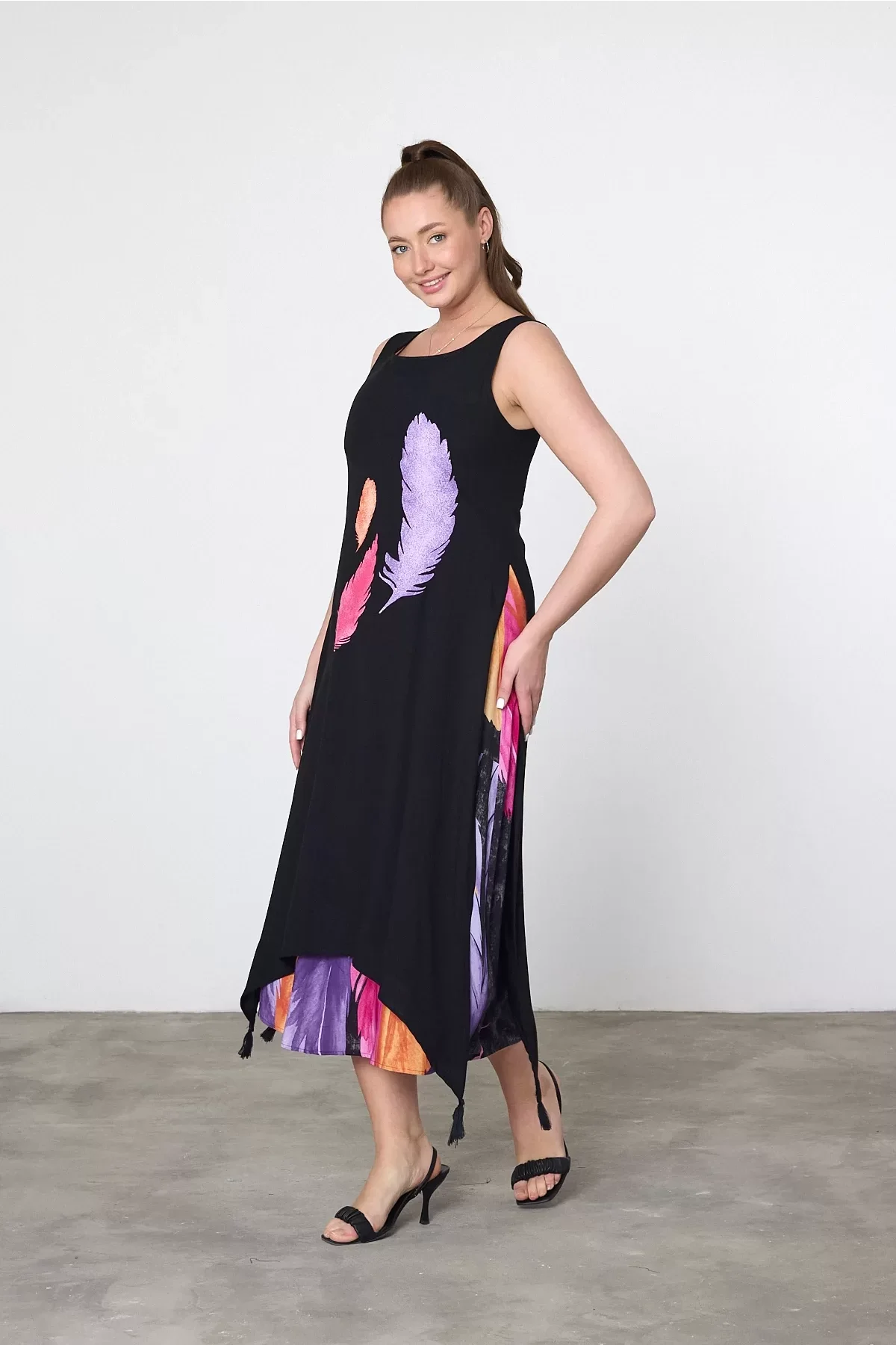 Siyah Mor Kuş Tüyü Baskılı Astarlı Viskon Elbise