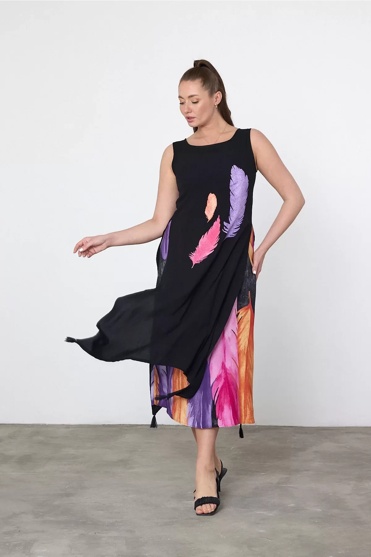 Siyah Mor Kuş Tüyü Baskılı Astarlı Viskon Elbise