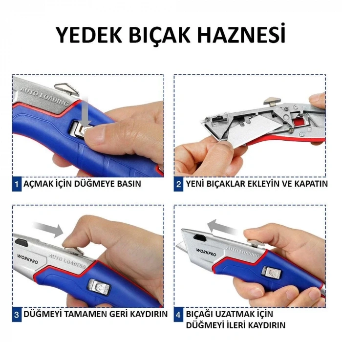 WORKPRO WP213012 Ağır Hizmet Alüminyum Gövde Geri Çekilebilir Rötuş Maket Bıçağı + 4 Adet Yedek Bıçak