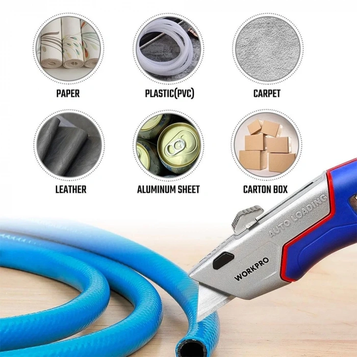 WORKPRO WP213012 Ağır Hizmet Alüminyum Gövde Geri Çekilebilir Rötuş Maket Bıçağı + 4 Adet Yedek Bıçak