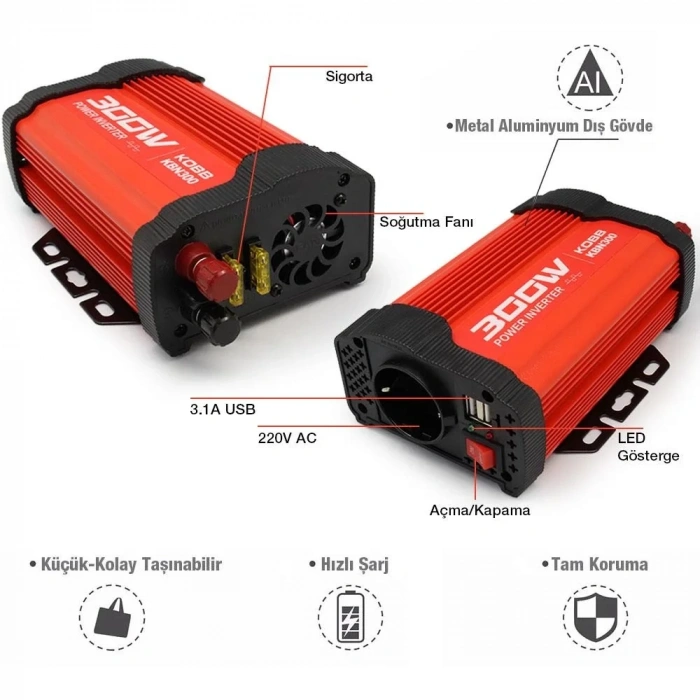KOBB KBN300 12V/220V 300Watt Modifiye Sinüs Dönüştürücü İnvertör