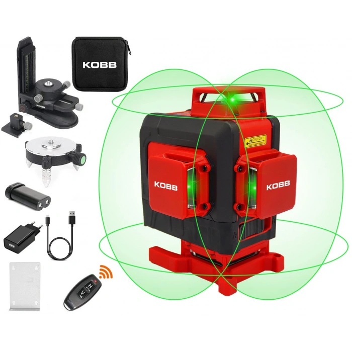 KOBB KBL35G Profesyonel Li-ion Şarjlı 4X360⁰ Otomatik Hizalamalı Yeşil Çapraz Çizgi Lazer Distomat+Uzaktan Kumanda