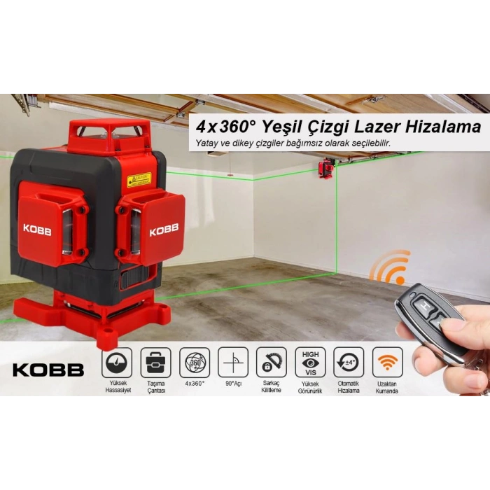 KOBB KBL35G Profesyonel Li-ion Şarjlı 4X360⁰ Otomatik Hizalamalı Yeşil Çapraz Çizgi Lazer Distomat+Uzaktan Kumanda
