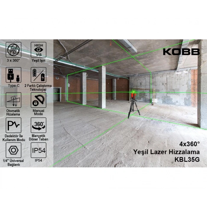KOBB KBL35GTP Profesyonel Li-ion Şarjlı 4X360⁰ Otomatik Hizalamalı Yeşil Çapraz Çizgi Lazer Distomat+Tripod