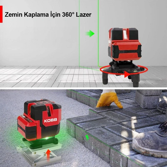 KOBB KBL41GTP 30M 4x90⁰/1x360⁰ Otomatik Hizalamalı Li-ion Çift Akü Profesyonel Yeşil Çizgi Lazer Distomat + Tripod