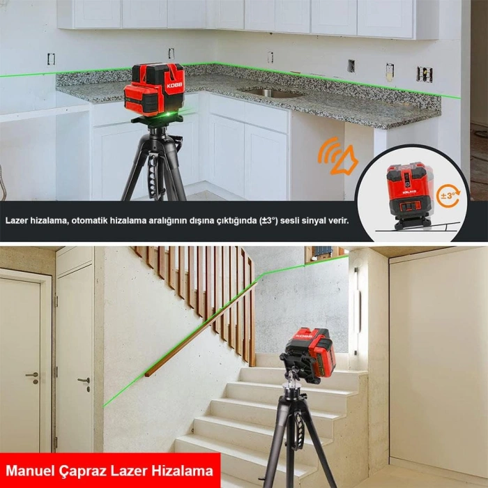 KOBB KBL41GTP 30M 4x90⁰/1x360⁰ Otomatik Hizalamalı Li-ion Çift Akü Profesyonel Yeşil Çizgi Lazer Distomat + Tripod