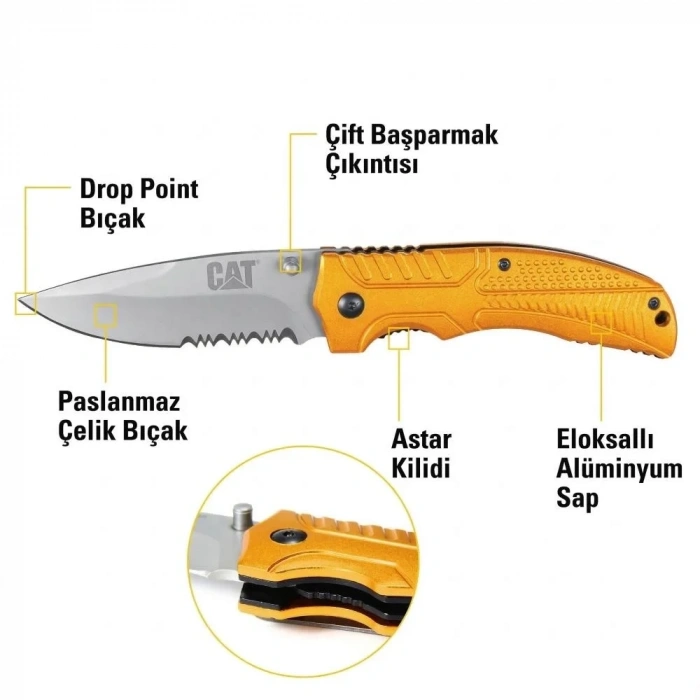 CAT DA980006 Kemer Askı Kancalı Katlanabilir 20CM Paslanmaz Çelik Sarı Kamp Çakısı