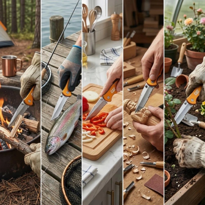 CAT DA980011 Kemer Askı Kancalı Cam Kırma Uçlu Katlanabilir 17CM Paslanmaz Çelik Sarı Kamp Çakısı